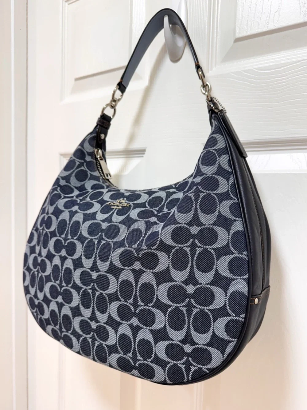 Coach Harley Signature Denim Jacquard Navy Leather Large Hobo